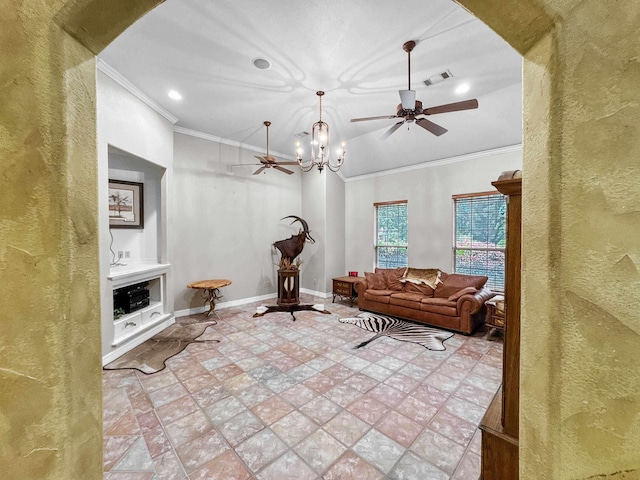 2460 W Norman Cir, Orange, TX 77630 - living room featuring ceiling fan, crown molding, arched walkways, a chandelier, and a textured wall