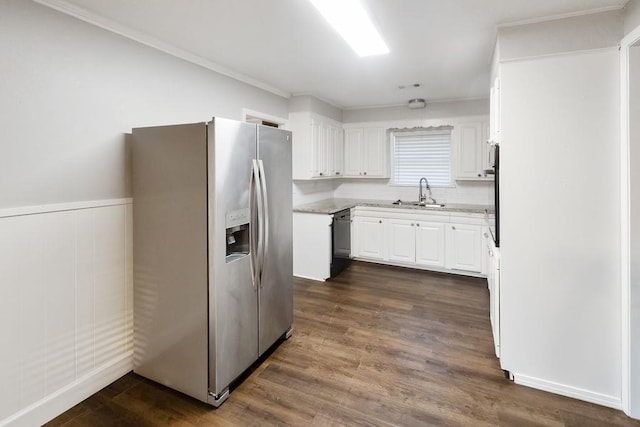 kitchen featuring sink, white cabinetry, stainless steel fridge with ice dispenser, dark hardwood / wood-style floors, and black dishwasher