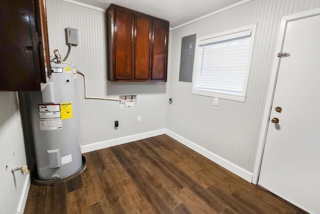 clothes washing area featuring dark hardwood / wood-style flooring, hookup for a washing machine, electric panel, cabinets, and electric water heater