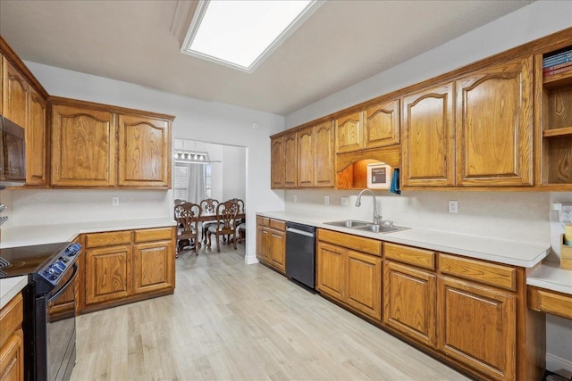 kitchen featuring brown cabinetry, black range with electric cooktop, a sink, and stainless steel dishwasher