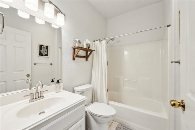 bathroom with shower / tub combo, vanity, and toilet