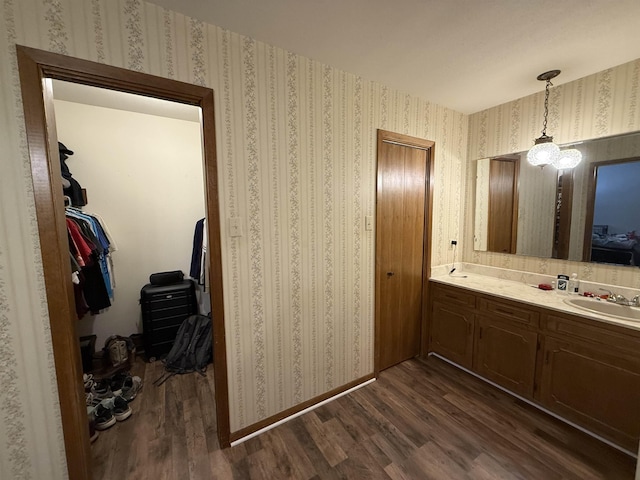 bathroom featuring a spacious closet, wood finished floors, and vanity