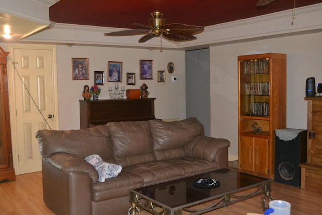 living room with light wood-type flooring, ceiling fan, and ornamental molding