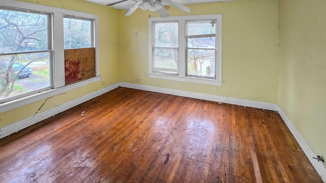 unfurnished room with ceiling fan and dark hardwood / wood-style flooring