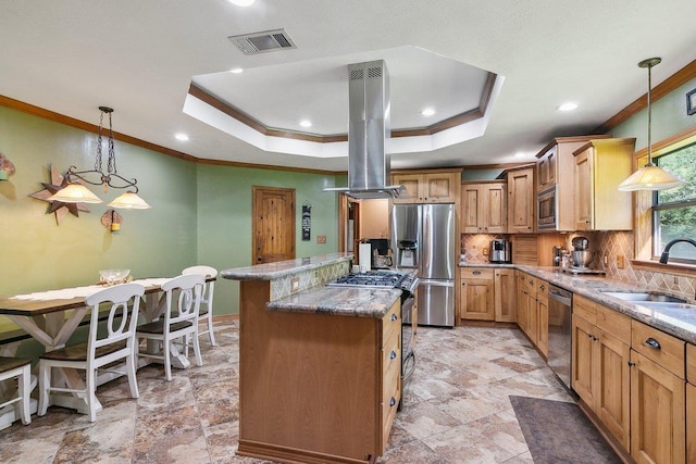 kitchen featuring appliances with stainless steel finishes, island range hood, crown molding, sink, and pendant lighting