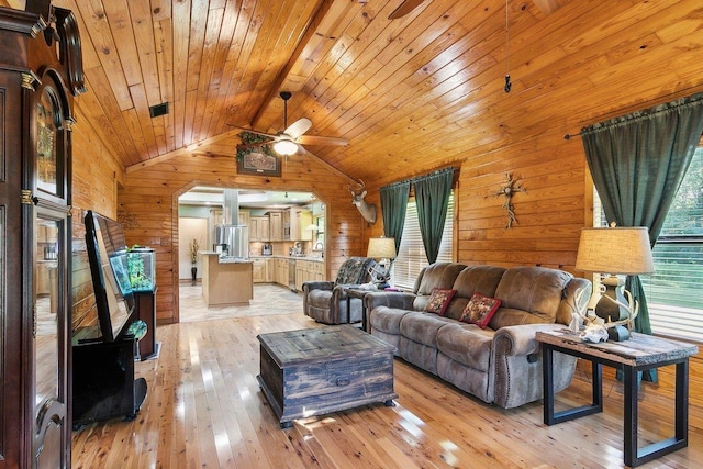 living room with ceiling fan, wooden ceiling, lofted ceiling with beams, wood walls, and light hardwood / wood-style floors