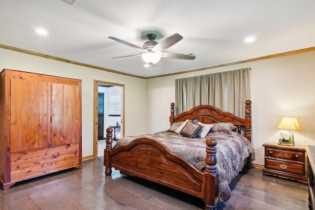 bedroom with ceiling fan, crown molding, and dark hardwood / wood-style floors