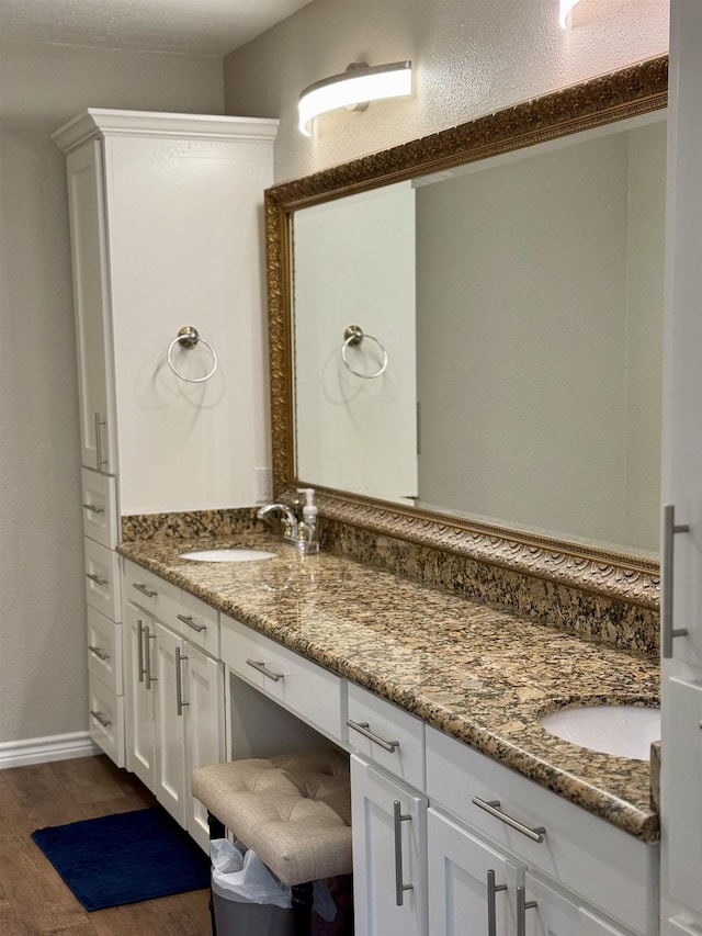 bathroom featuring double vanity, wood finished floors, and a sink