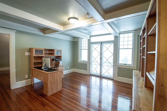 home office with beam ceiling, crown molding, french doors, and coffered ceiling