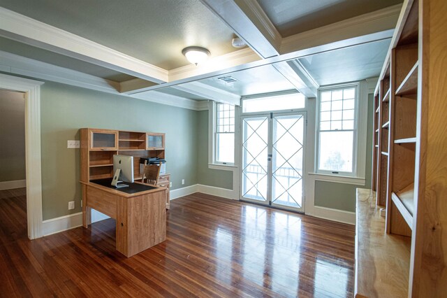 2108 Harrison Ave, Beaumont, TX 77701 - unfurnished office featuring wood finished floors, beam ceiling, crown molding, and coffered ceiling