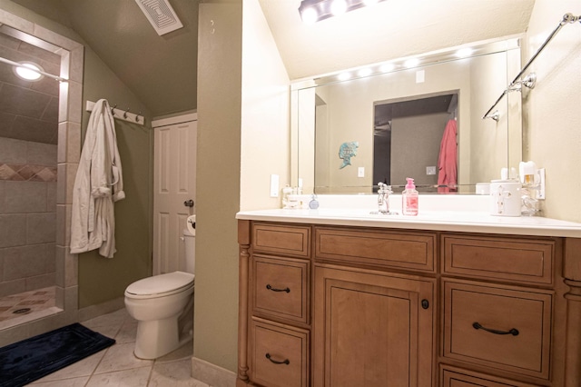 2108 Harrison Ave, Beaumont, TX 77701 - full bath featuring vanity, tiled shower, tile patterned flooring, and lofted ceiling