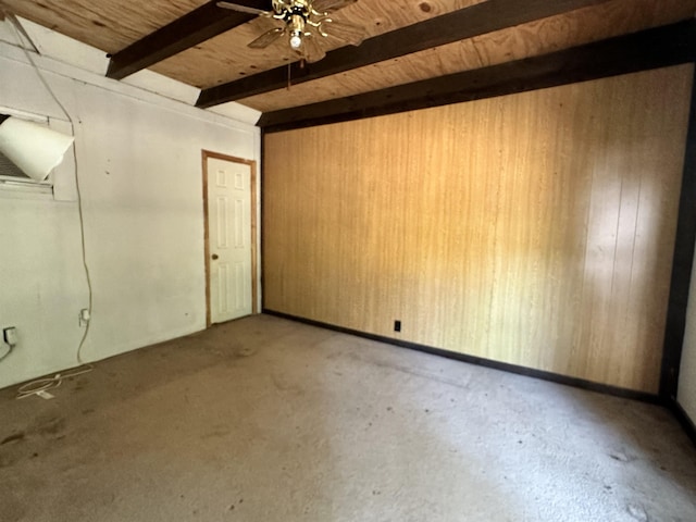 spare room featuring beamed ceiling, ceiling fan, wood walls, and wooden ceiling