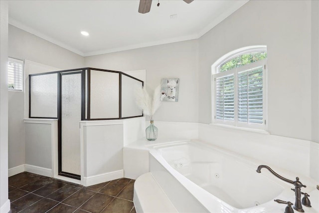 8185 Dawn Dr, Beaumont, TX 77705 - bathroom featuring a stall shower, a jetted tub, ceiling fan, and tile patterned floors