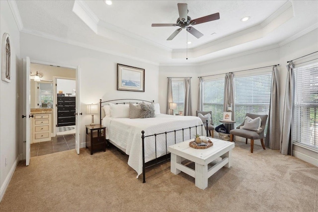 8185 Dawn Dr, Beaumont, TX 77705 - bedroom featuring ornamental molding, light carpet, a raised ceiling, baseboards, and recessed lighting