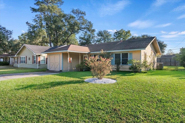 ranch-style house with a front yard, a garage, and central air condition unit