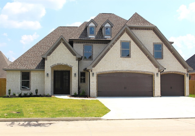 french country home with a front yard and a garage