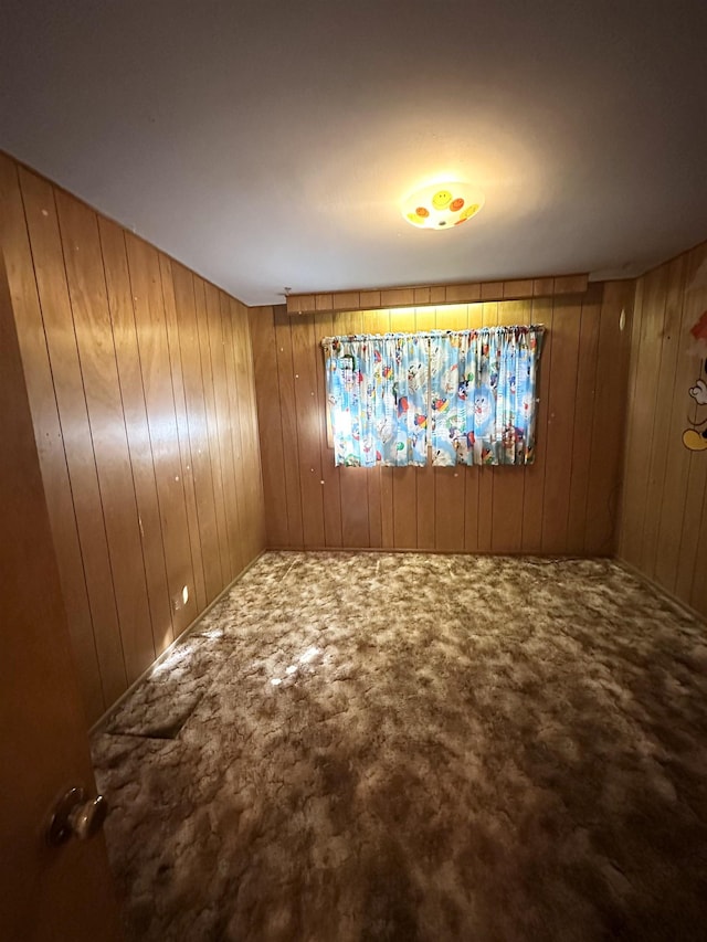 carpeted spare room with wood walls