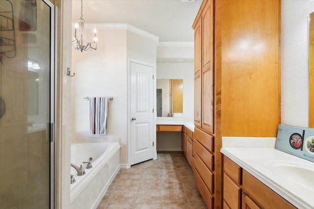 bathroom featuring vanity, plus walk in shower, an inviting chandelier, tile patterned flooring, and ornamental molding