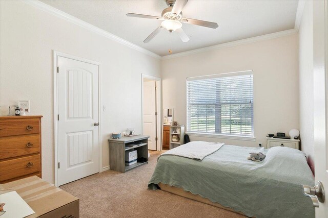 carpeted bedroom with ceiling fan and ornamental molding