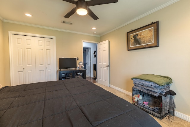 2315 Granger Dr, Bridge City, TX 77611 - bedroom with baseboards, ornamental molding, a closet, recessed lighting, and ceiling fan