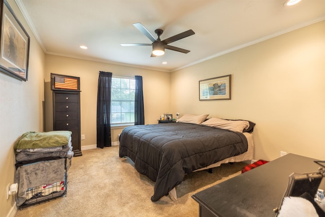 2315 Granger Dr, Bridge City, TX 77611 - bedroom featuring ornamental molding, recessed lighting, light colored carpet, baseboards, and a ceiling fan