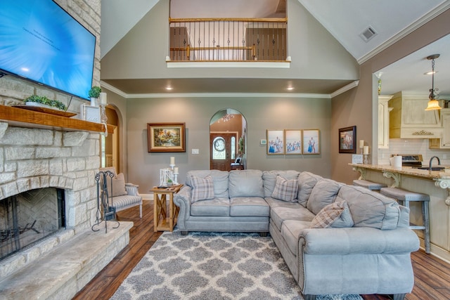 living room with sink, high vaulted ceiling, dark hardwood / wood-style floors, a fireplace, and ornamental molding