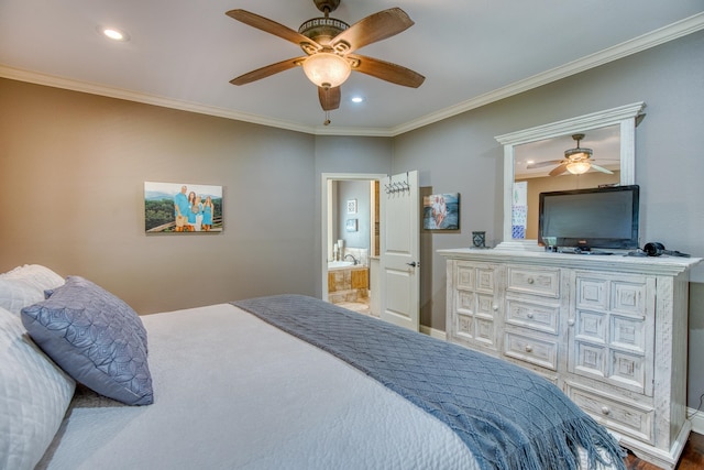 bedroom with connected bathroom, ceiling fan, and ornamental molding