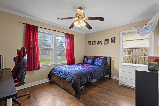 3449 Charles Ave, Groves, TX 77619 - bedroom with hardwood / wood-style flooring, crown molding, and ceiling fan