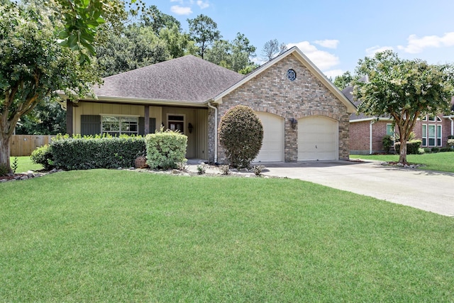 ranch-style house with a garage and a front lawn