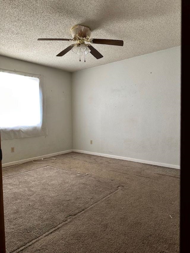 unfurnished room with carpet, ceiling fan, and a textured ceiling