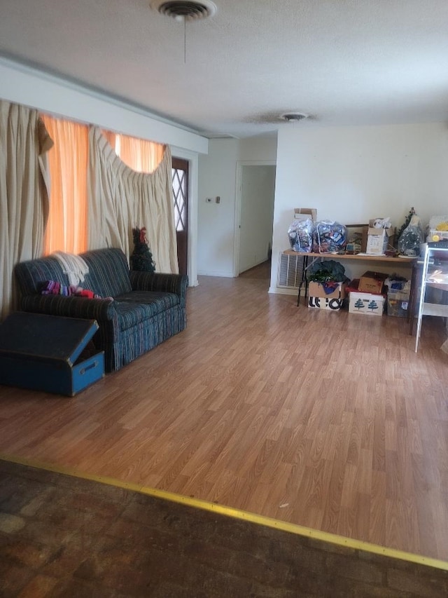 living room with a textured ceiling and hardwood / wood-style flooring