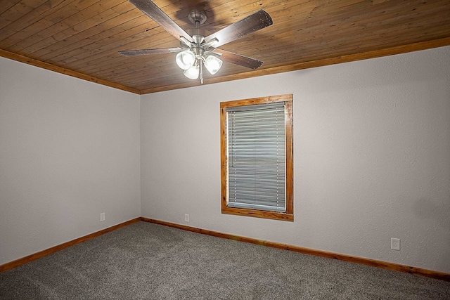 carpeted empty room with a textured wall, wooden ceiling, ceiling fan, and baseboards