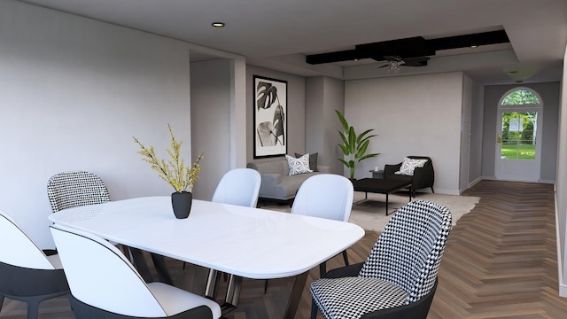 dining room with ceiling fan and parquet flooring