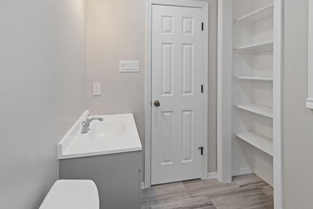 bathroom with hardwood / wood-style floors and vanity