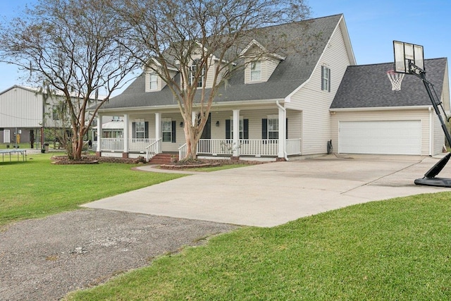 cape cod home with a front lawn, covered porch, and a garage