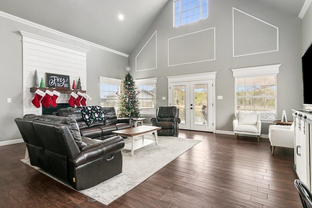 living room with french doors, dark wood-type flooring, high vaulted ceiling, and ornamental molding