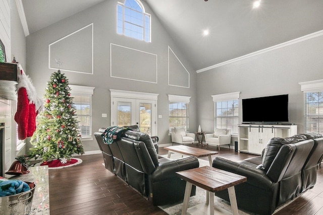 living room with hardwood / wood-style flooring, ornamental molding, high vaulted ceiling, and french doors