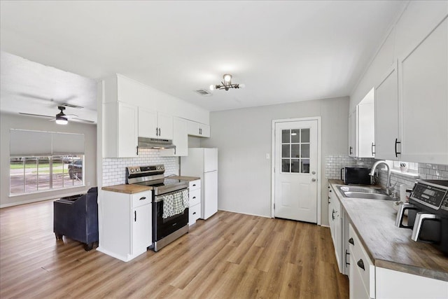 5150 Stardust Dr, Beaumont, TX 77706 - kitchen with electric stove, decorative backsplash, light wood-type flooring, and a ceiling fan