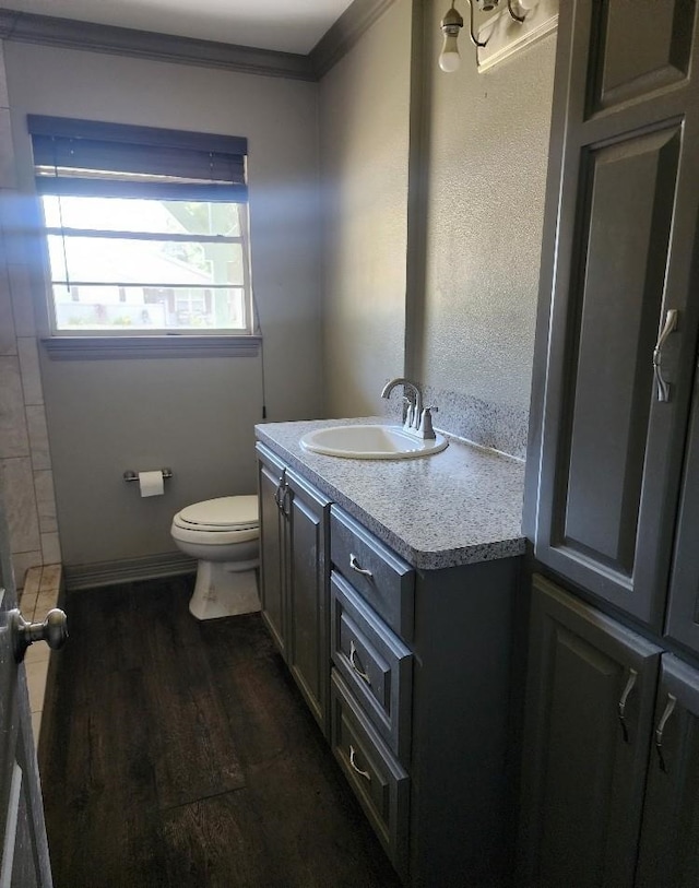 bathroom with hardwood / wood-style flooring, vanity, toilet, and crown molding