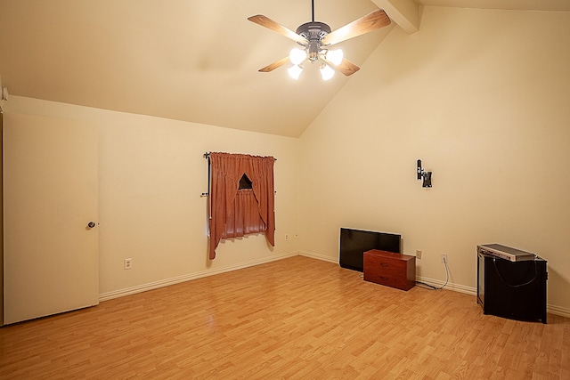 interior space with beamed ceiling, ceiling fan, high vaulted ceiling, and light hardwood / wood-style flooring