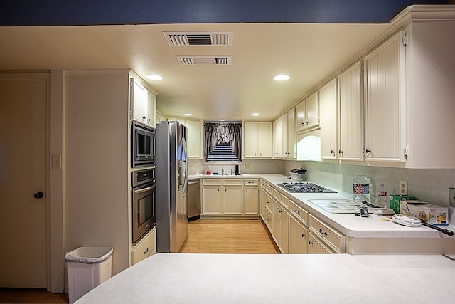 kitchen with tasteful backsplash, light hardwood / wood-style flooring, stainless steel appliances, and sink