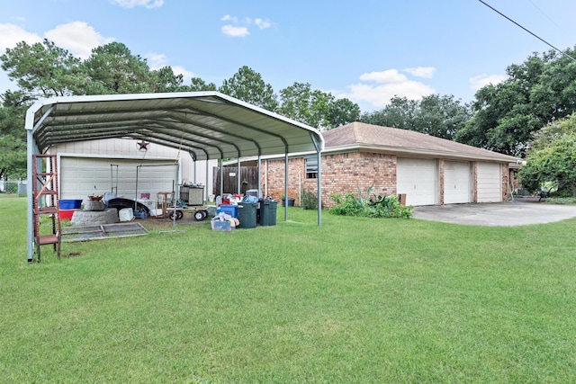 view of parking / parking lot with a yard, a garage, and a carport