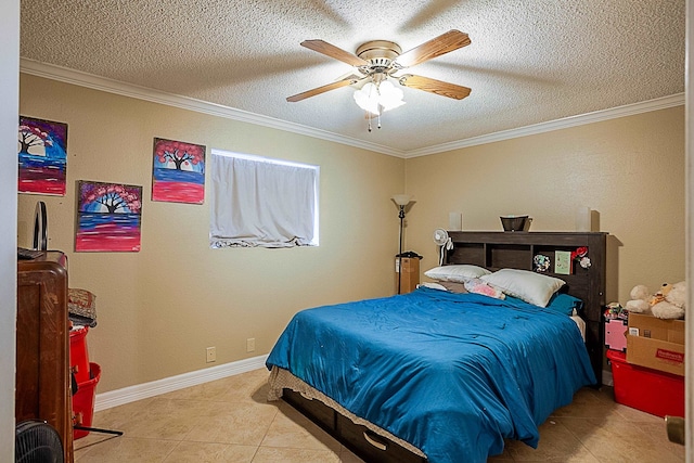 bedroom with a textured ceiling, ornamental molding, ceiling fan, and light tile patterned flooring