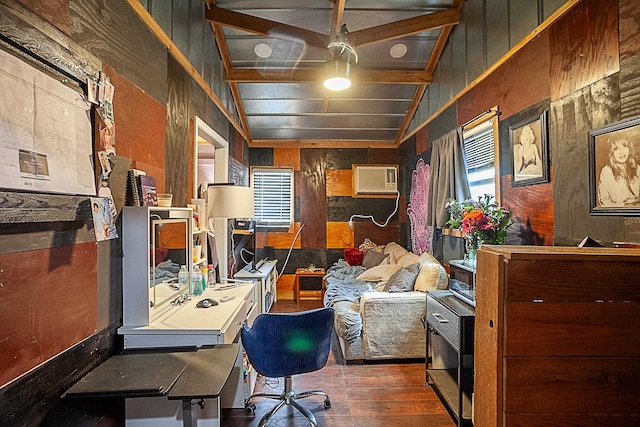 office featuring lofted ceiling, dark wood-type flooring, a wall mounted AC, and wooden walls