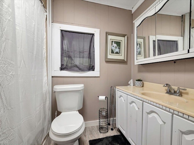 bathroom with vanity, toilet, and wood-type flooring