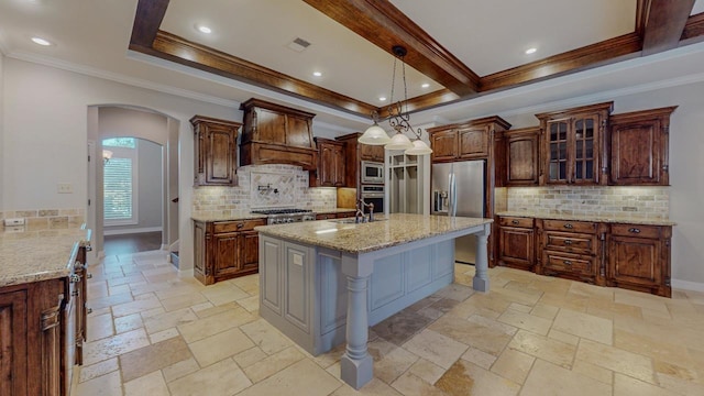 416 Birch View Dr, Lumberton, TX 77657 - kitchen featuring stainless steel appliances, arched walkways, backsplash, glass insert cabinets, and crown molding