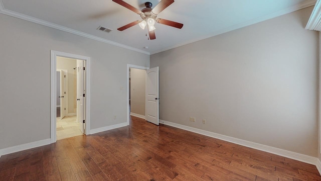 416 Birch View Dr, Lumberton, TX 77657 - unfurnished bedroom featuring hardwood / wood-style flooring, ornamental molding, baseboards, ceiling fan, and ensuite bath