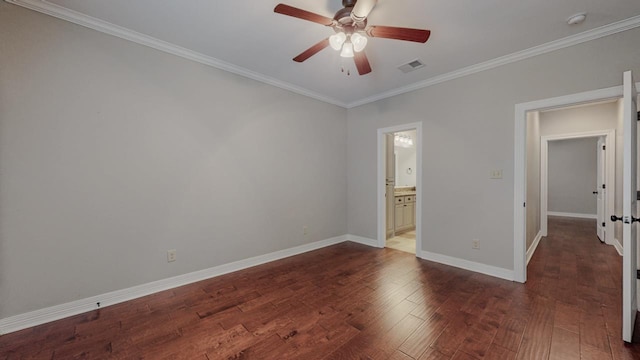 416 Birch View Dr, Lumberton, TX 77657 - unfurnished bedroom with crown molding, dark wood finished floors, baseboards, ceiling fan, and connected bathroom