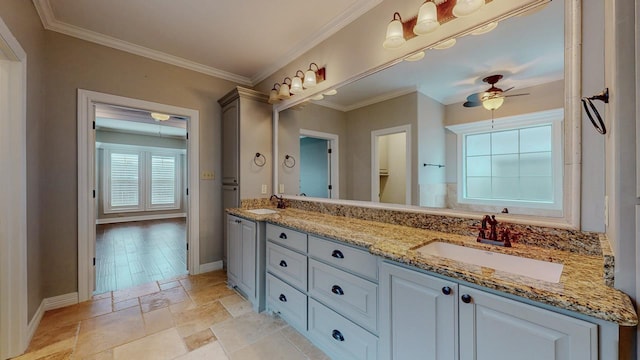416 Birch View Dr, Lumberton, TX 77657 - full bath featuring a ceiling fan, baseboards, double vanity, ornamental molding, and stone tile floors