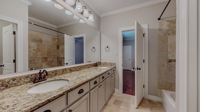 416 Birch View Dr, Lumberton, TX 77657 - bathroom featuring ornamental molding, double vanity, baseboards, shower / tub combination, and stone tile flooring